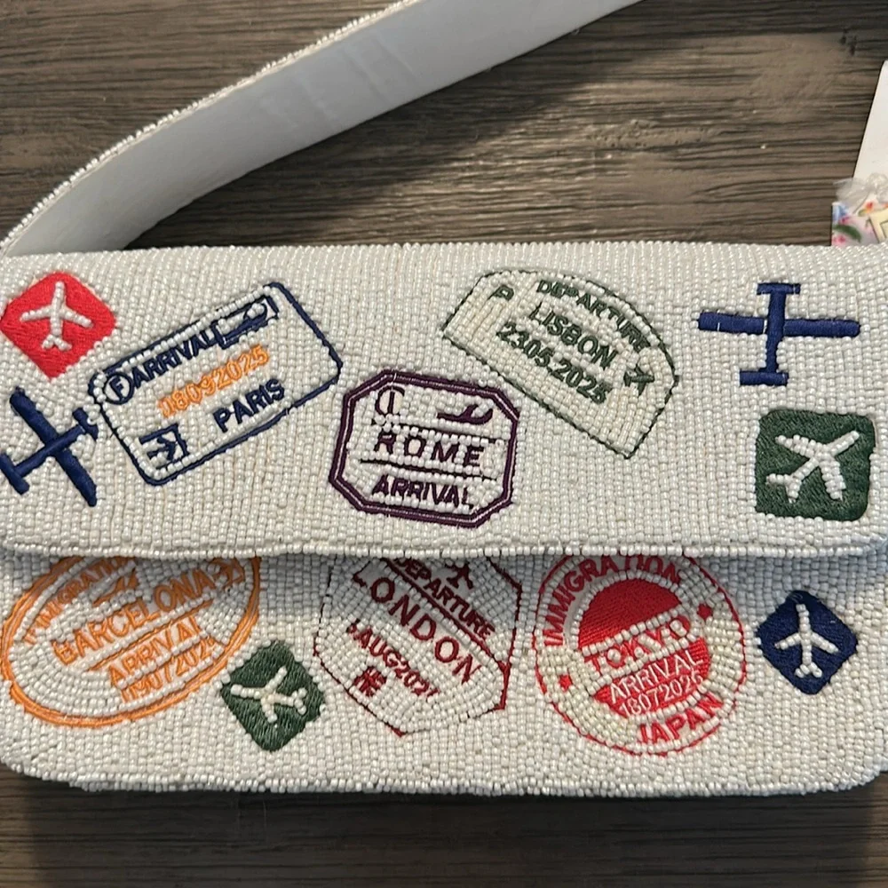 TJ Maxx White Beaded Passport Stamp Crossbody Bag - NWT - Picture 3 of 3